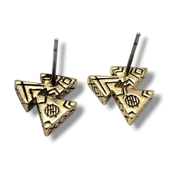 Gold Tone Black Enamel Multi Triangle Stud Earrings Geometric Small - Picture 3 of 7